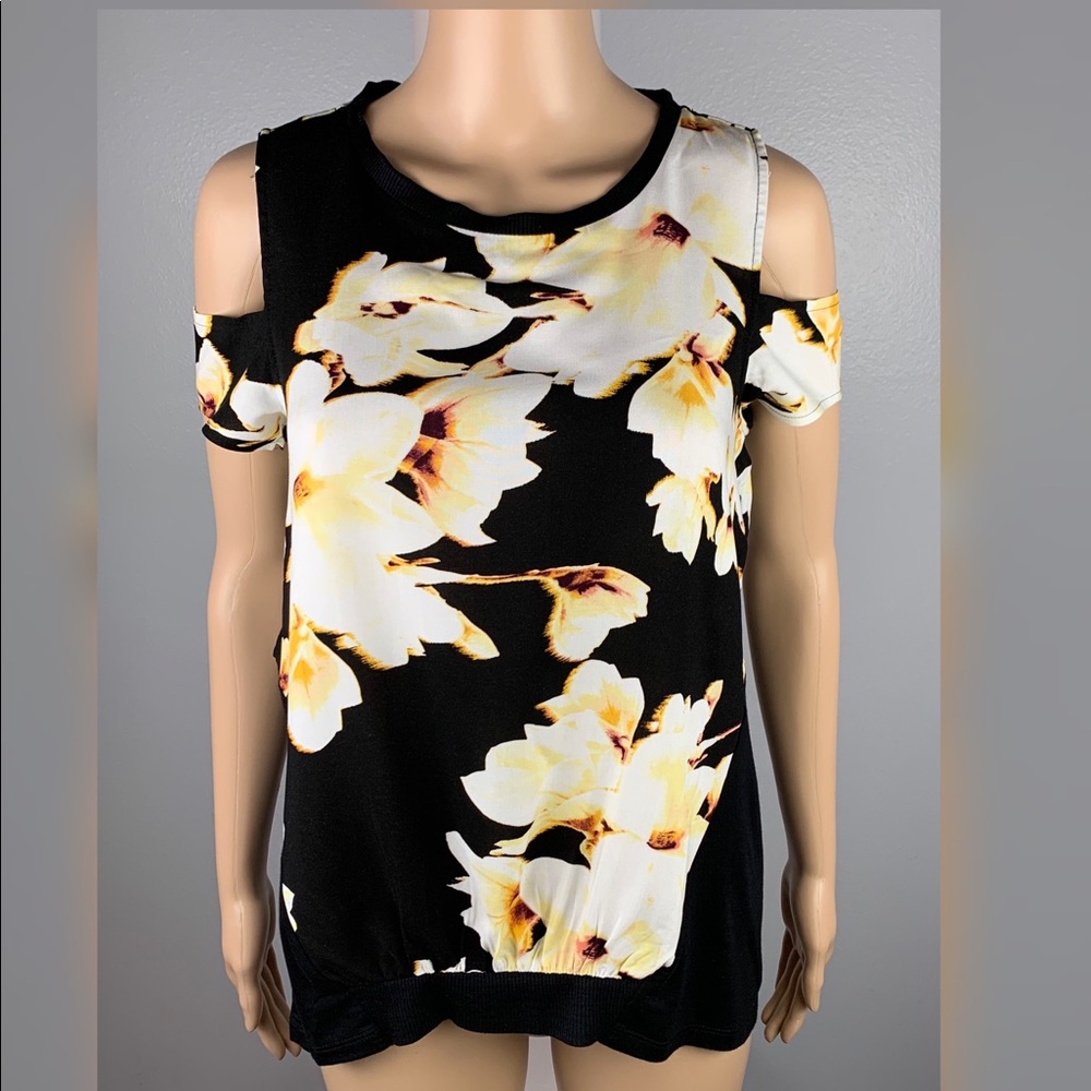 JUICY COUTURE Small Black Floral Cold Shoulder Top